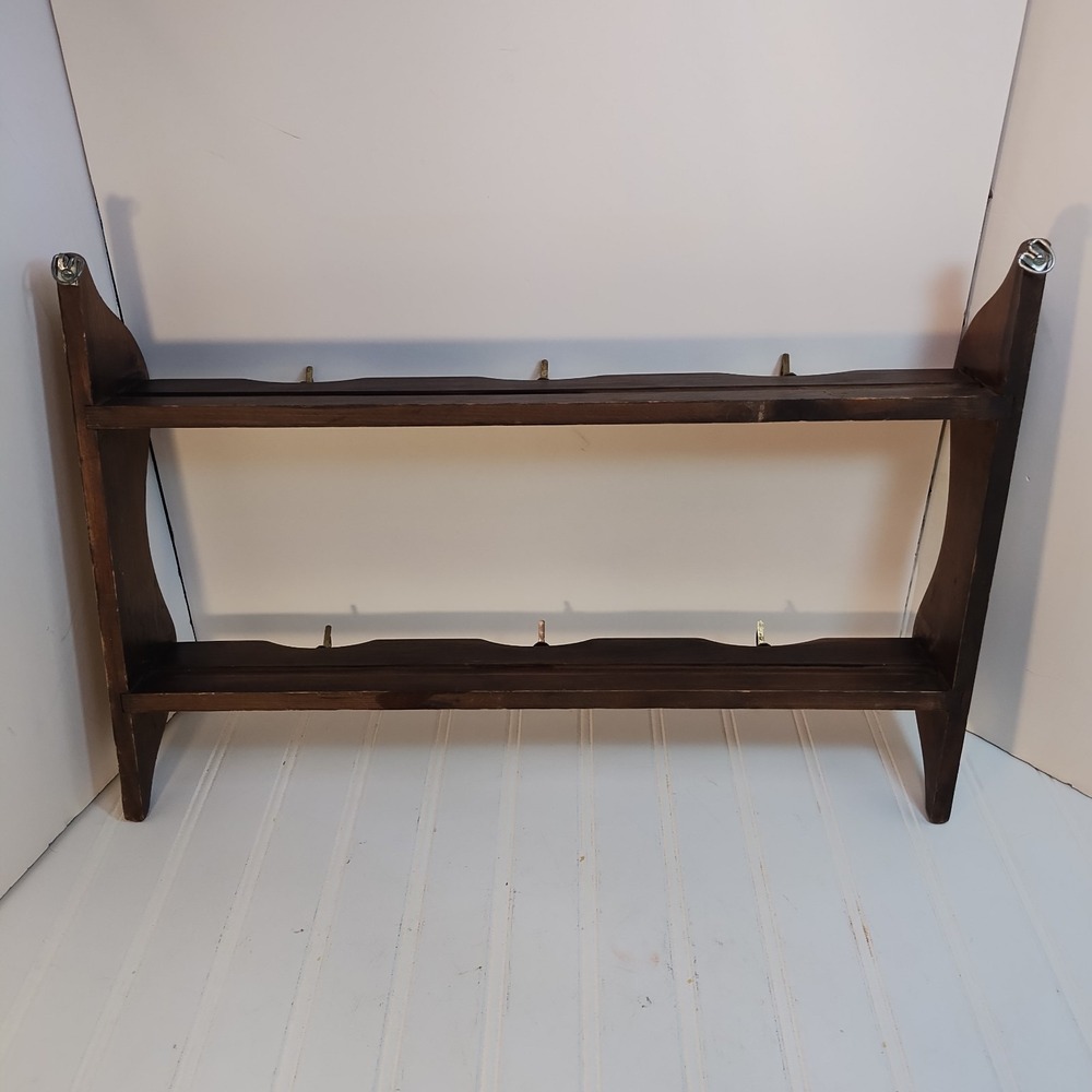 VTG Wood Wall Shelf Cup Saucer Plate 2 Tier Rack 6 Hook Farmhouse Country Retro - Picture 6 of 16